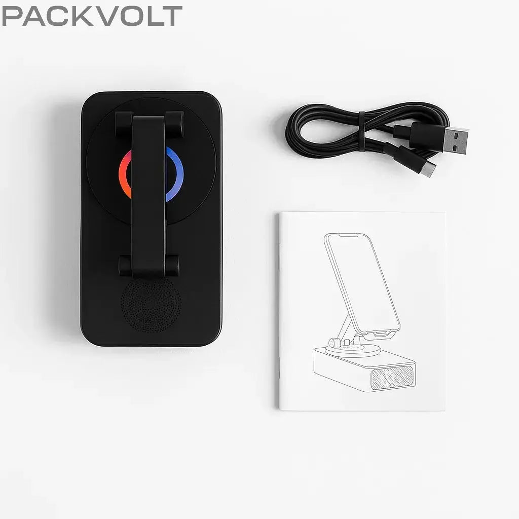 PackVolt Bluetooth Speaker Phone Stand – Top View with USB Cable and Manual