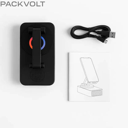 PackVolt Bluetooth Speaker Phone Stand – Top View with USB Cable and Manual